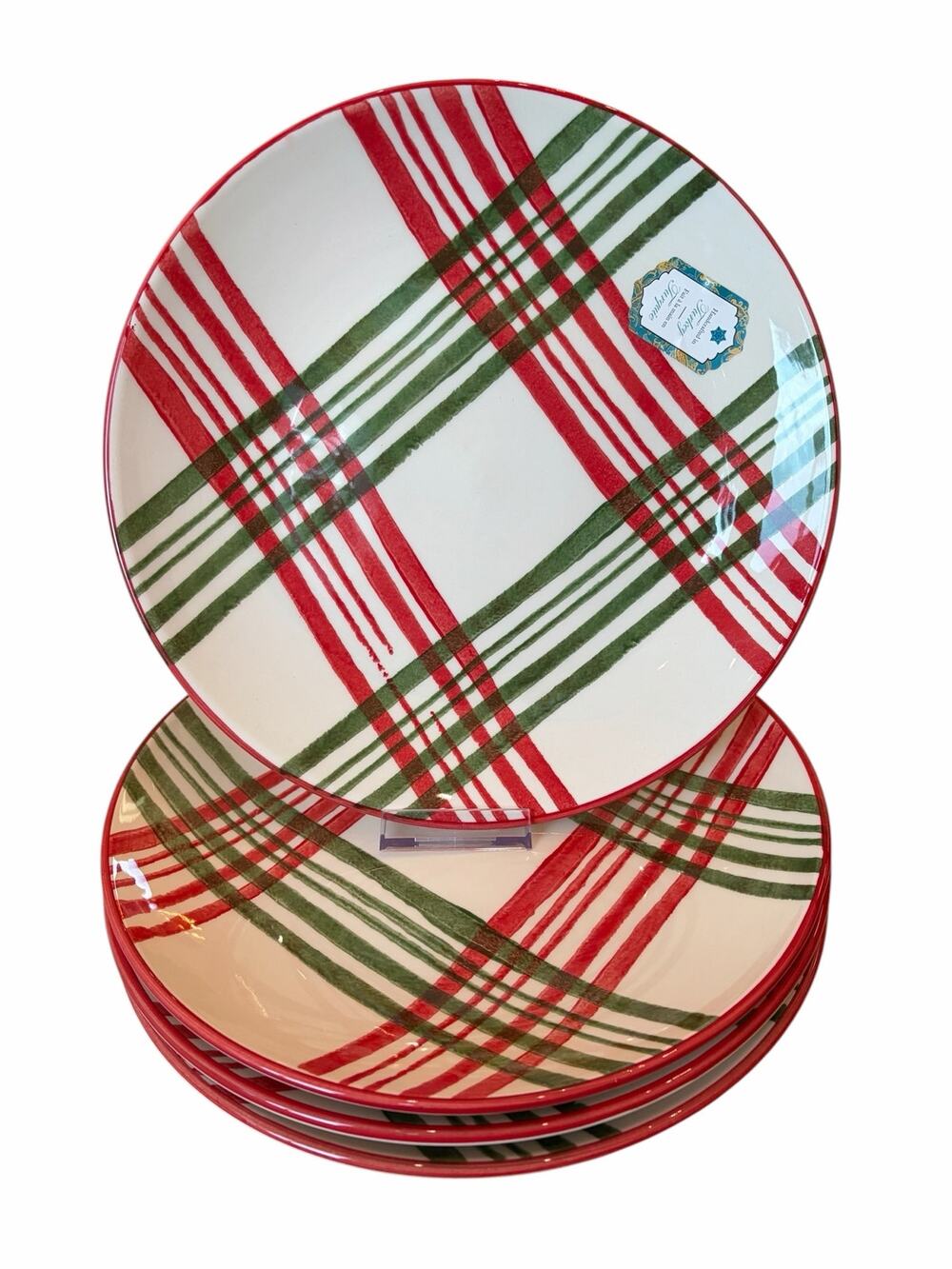 Papart Seramik Plaid Dinner Plates 11in Turkish Stoneware Red Green Set of 4 NEW